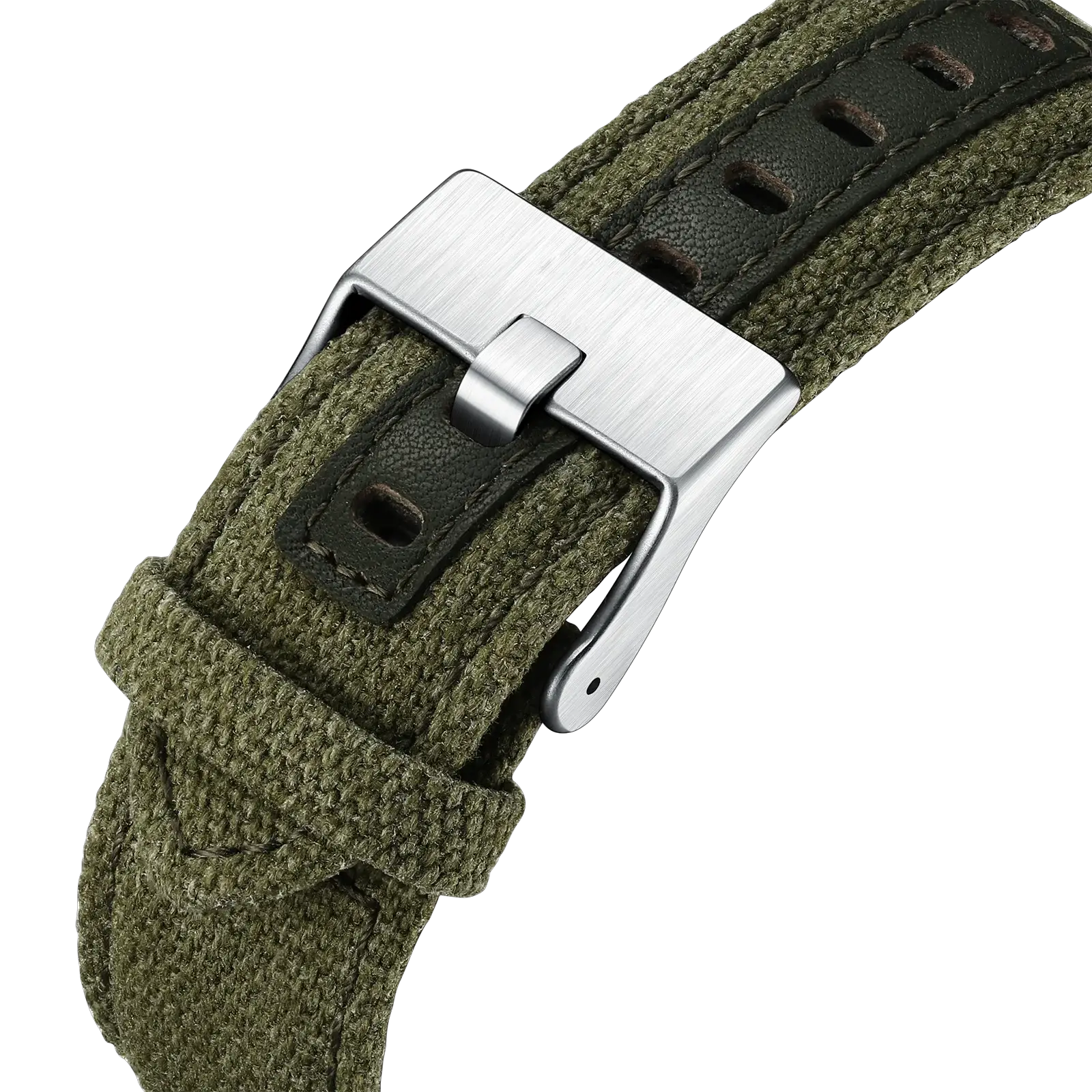 Seagull luxury watch strap by Simples Market; olive green fabric with brushed stainless steel buckle