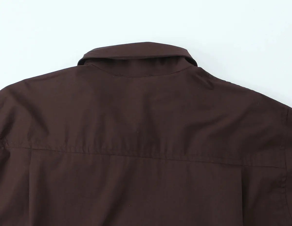 NLZGMSJ women's brown collared shirt, back view with full sleeves