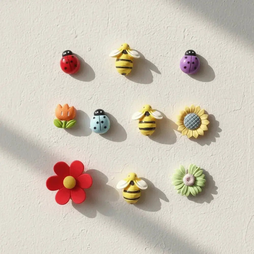 Simples Market 10-pack refrigerator magnets featuring colorful bees, ladybugs and flowers.