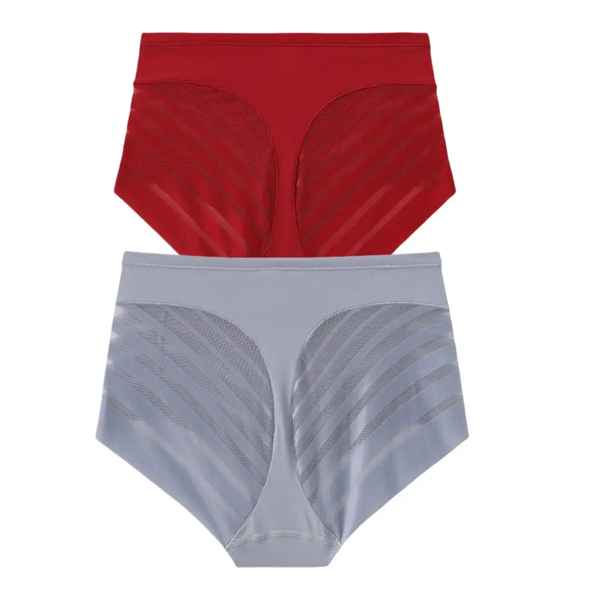 2-pack women's ice-silk tummy-control panties, mid-waist with mesh panels, butt-lifter shaping in red and gray