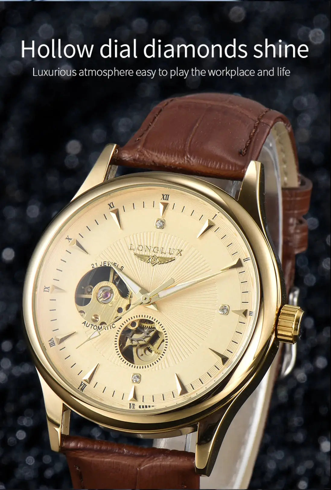 Automatic skeleton wristwatch by Longlex with gold-tone case and brown leather strap