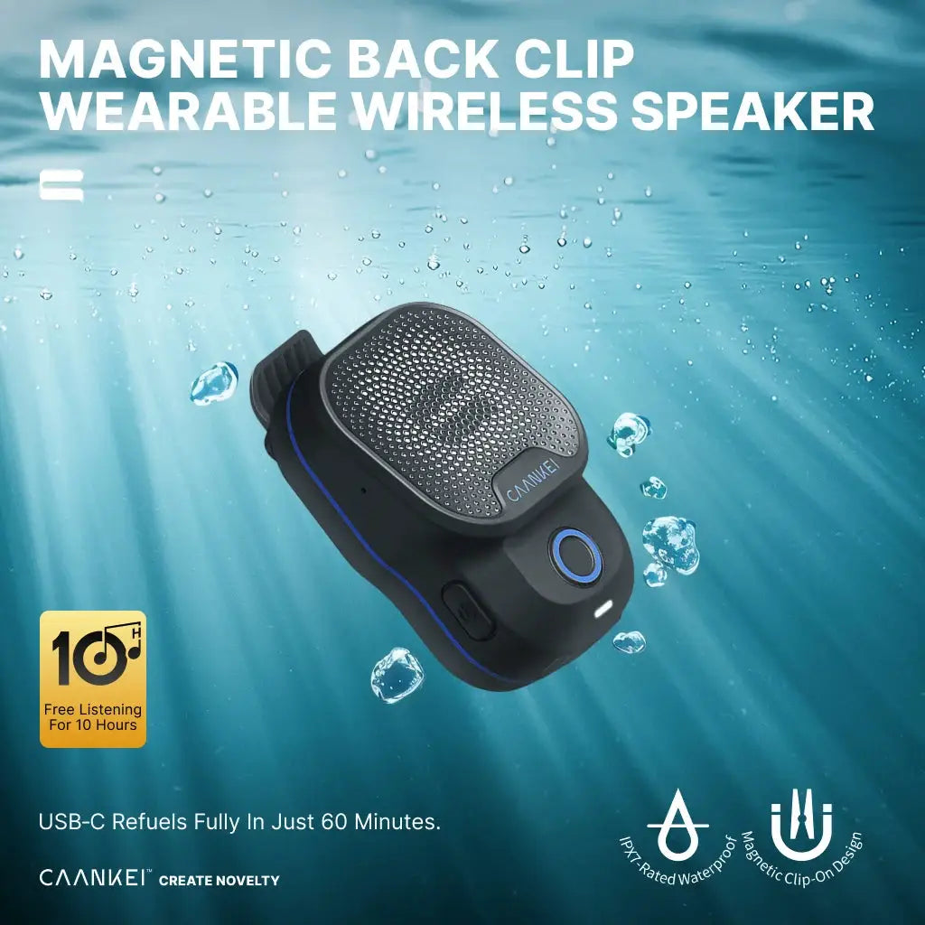 Wearable Bluetooth speaker CAANKEI with magnetic back clip, IPX7 waterproof, black with blue trim