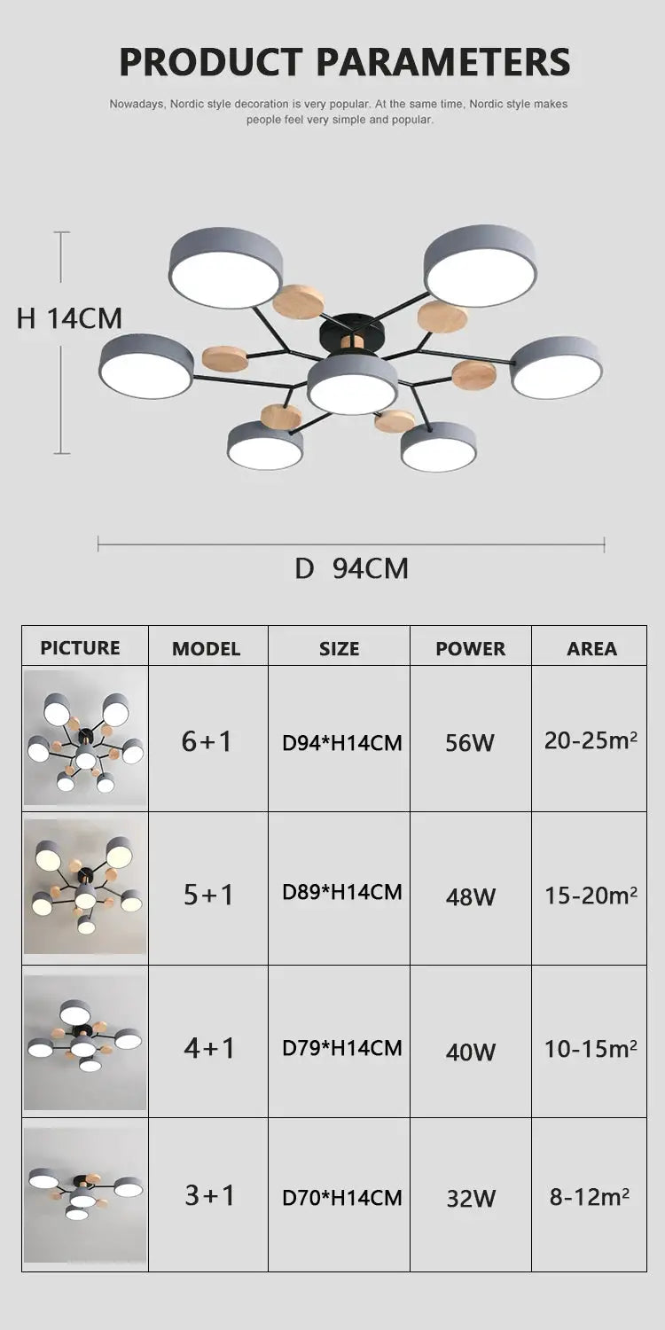 Modern LED chandelier with seven circular lights in gray and wood tones.