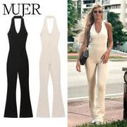 Simples Market MUJER long jumpsuit for women; sleeveless backless, flared legs in black, white, and beige on model.