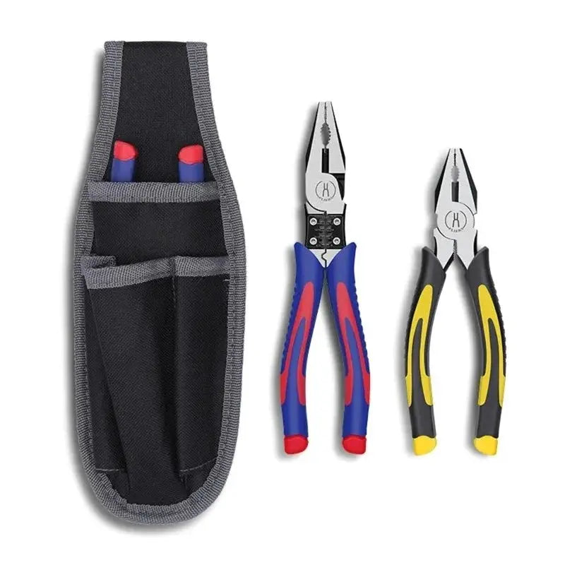 Small portable hip tool bag pouch in black with gray trim, durable polyester; includes two pliers and two pens.