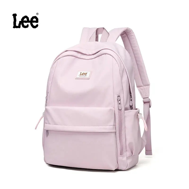 Lee pink Oxford 16-inch laptop backpack with front zip pocket, side pocket, and logo patch