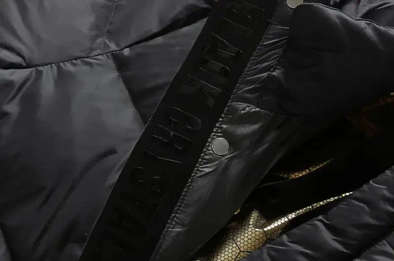 Black Simples Market hooded down puffer jacket with gold interior lining, waterproof and windproof