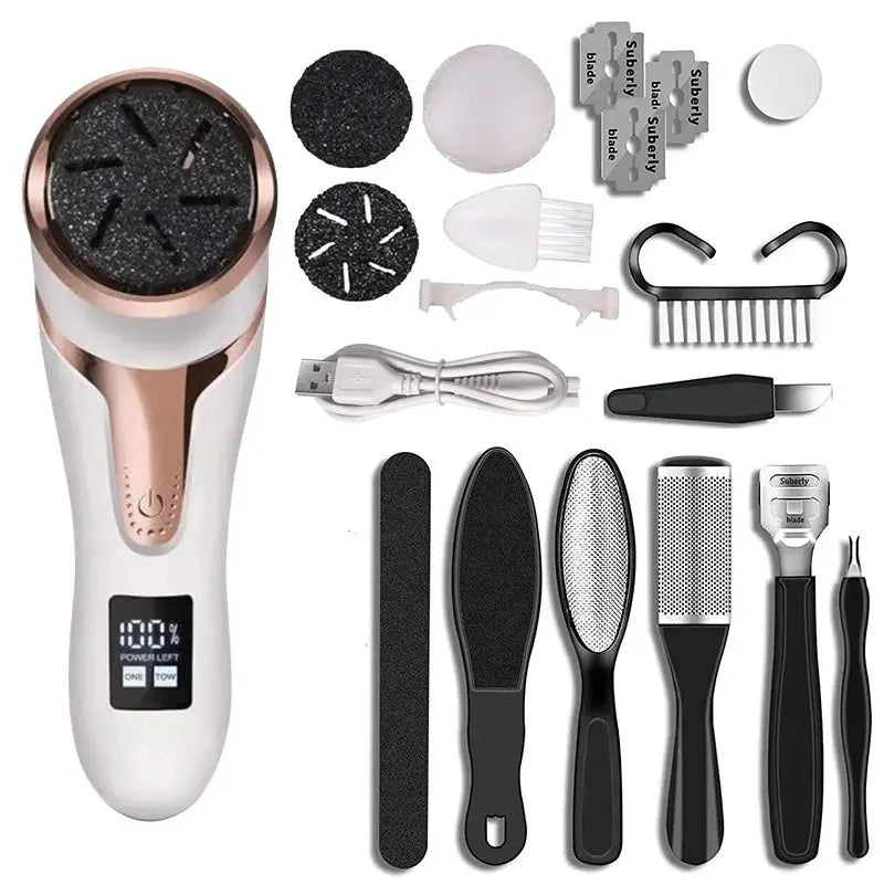 Simples Market electric pedicure foot care tool set with rose-gold handle and multiple attachments
