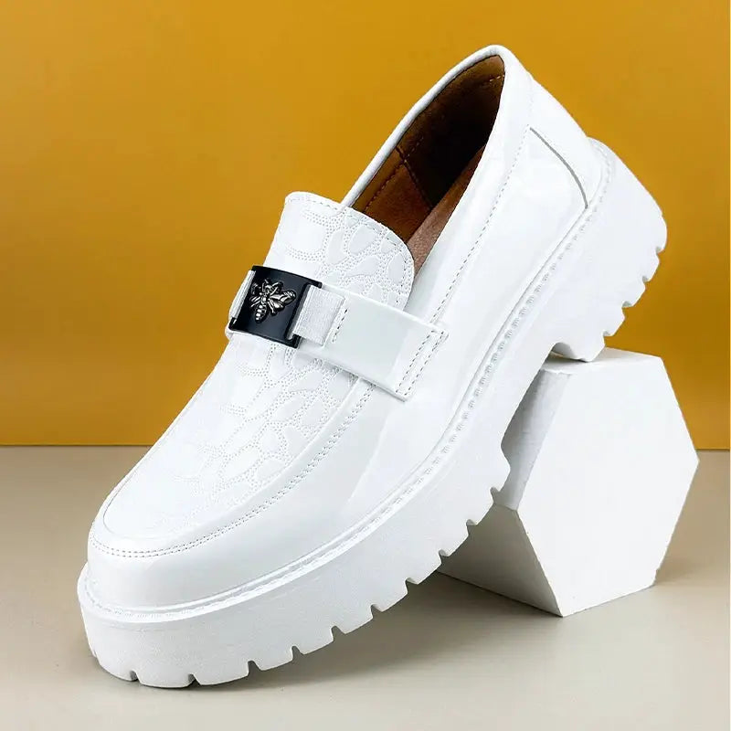 White leather loafers with thick lug sole and bee-embellished strap Simples Market