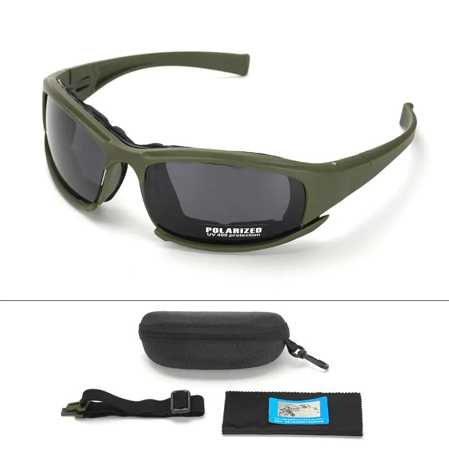 Simples Market 4-Lens Tactical Goggles, olive green frame, polarized eyewear; includes case, strap, cleaning cloth.