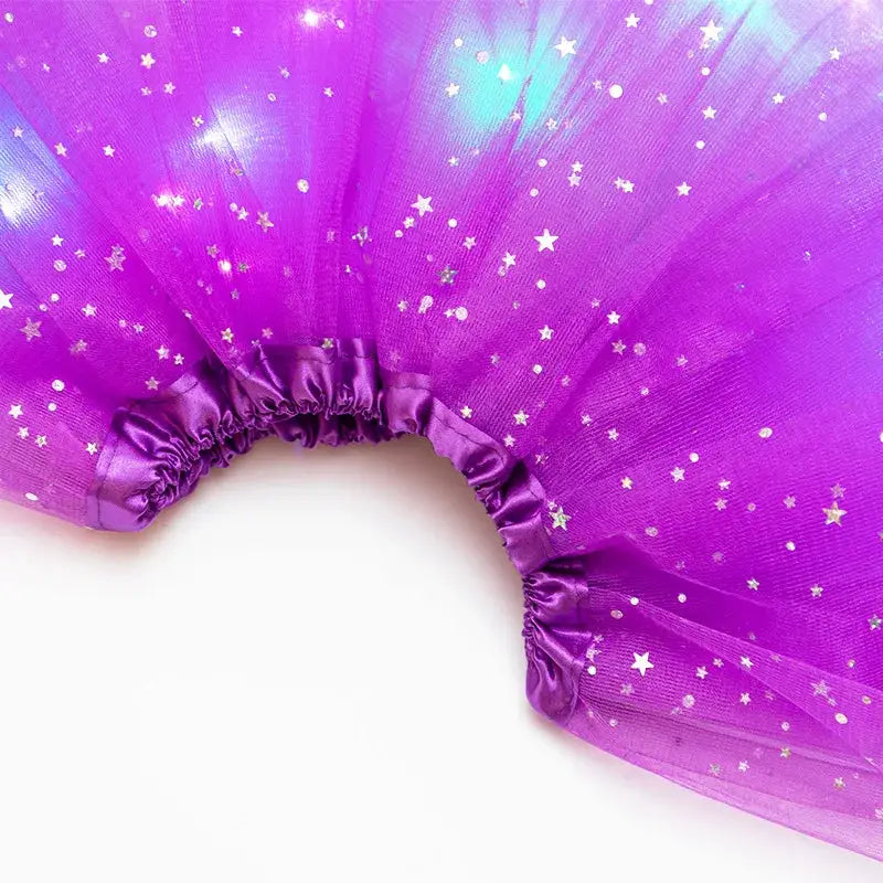 LED glowing tulle star skirt for women, purple short tutu with elastic waist and silver stars