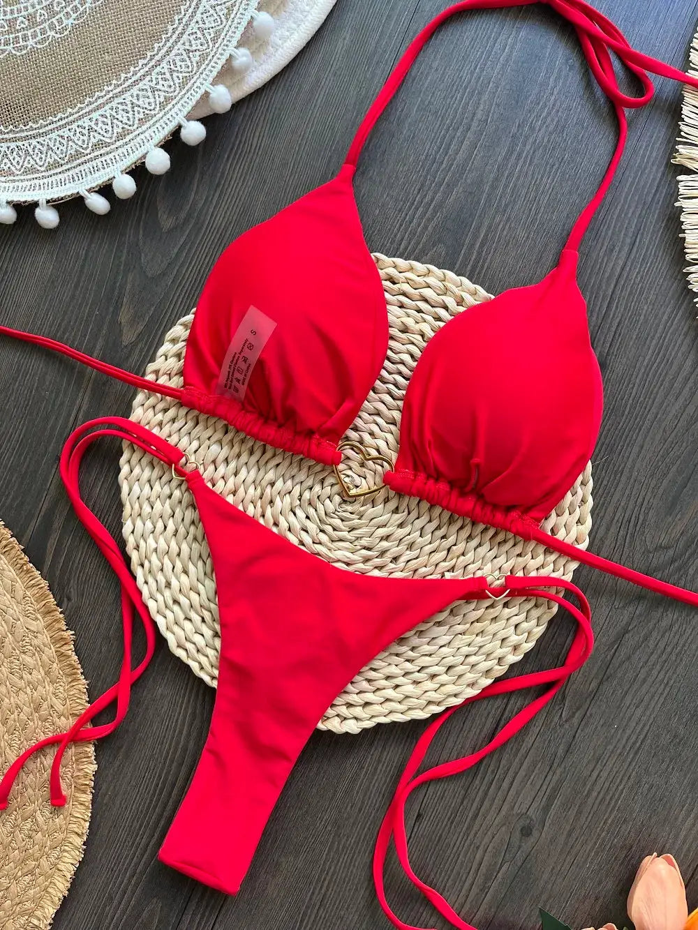 Red RUOTONSEPT two-piece bikini set with halter triangle top and thong bottoms; string-tie sides.