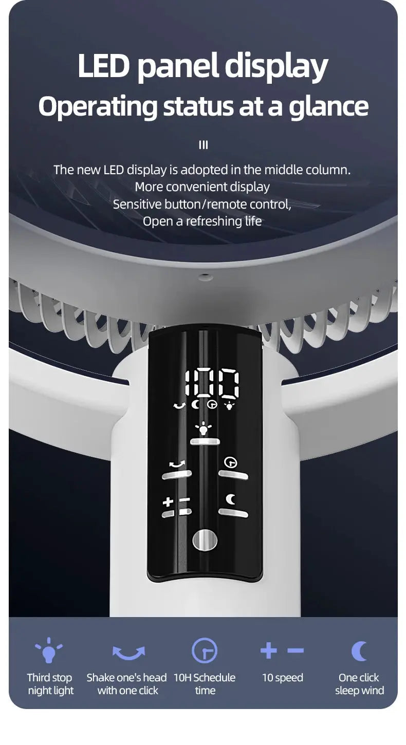 Floor fan with LED panel display, white body and black control panel by Simples Market.