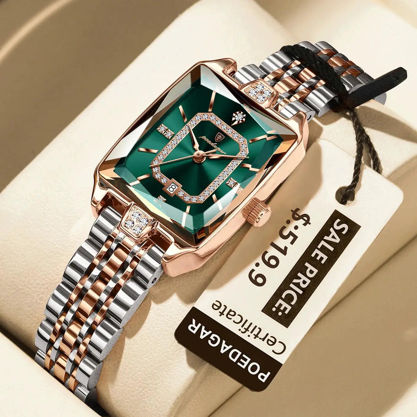 POEDAGAR luxury rectangle women's watch with green dial, rose gold case, two-tone stainless steel bracelet.