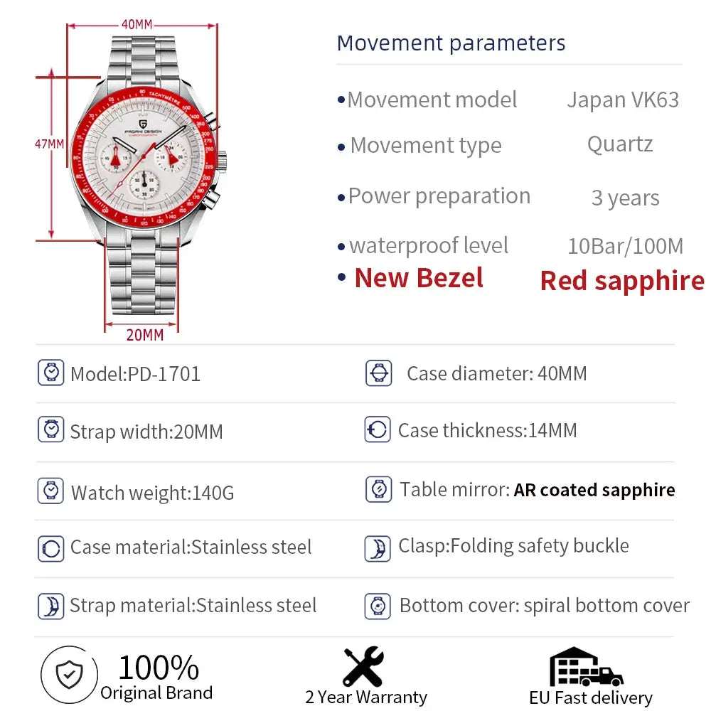 Pagani Design PD-1701 men's stainless steel quartz chronograph watch with red bezel, white dial, 100M water resistant.