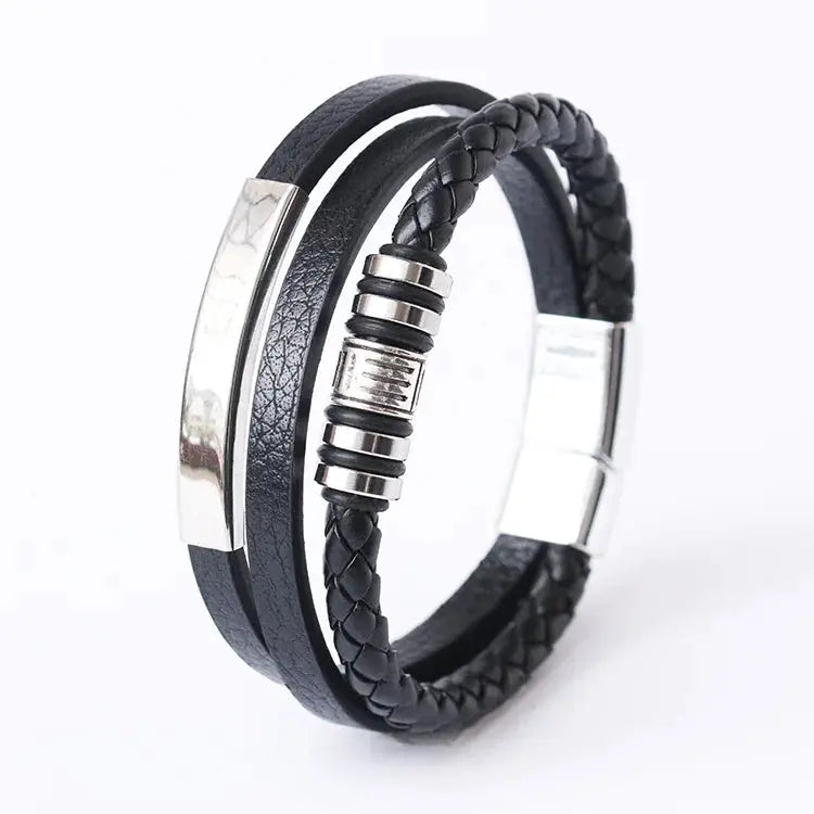 Vintage Multilayer Braided Leather Bracelet For Men Stainless Steel Rope Design Jewelry Gift