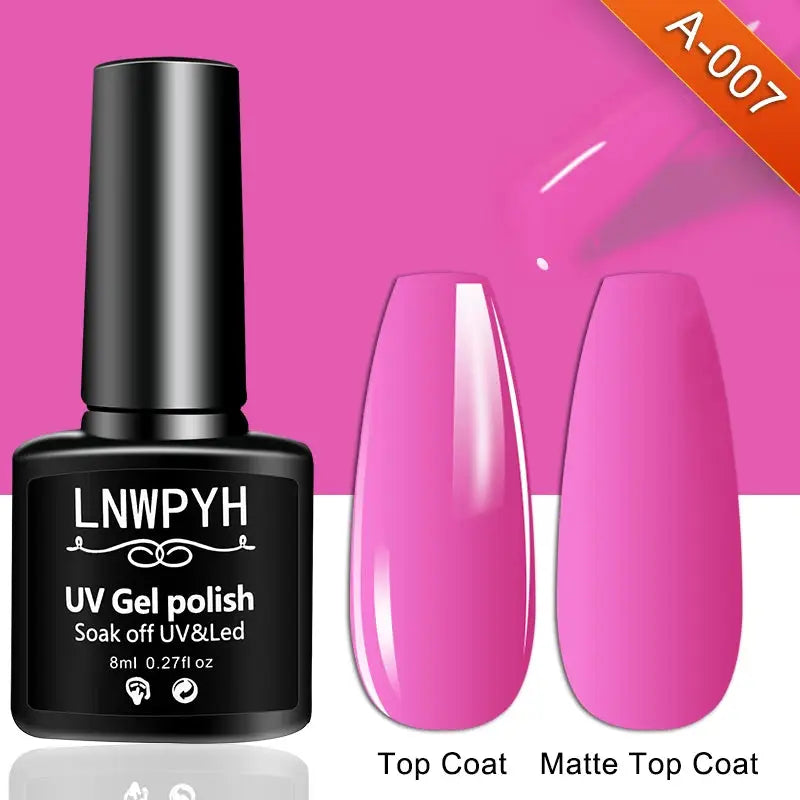 Simples Market UV gel polish kit: 1 black bottle and 2 pink nail swatches labeled Top Coat and Matte Top Coat