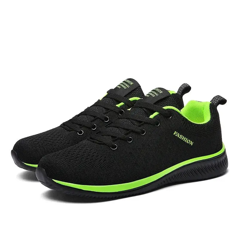 Simples Market men's black knit running shoes with neon green accents; breathable lightweight sneakers