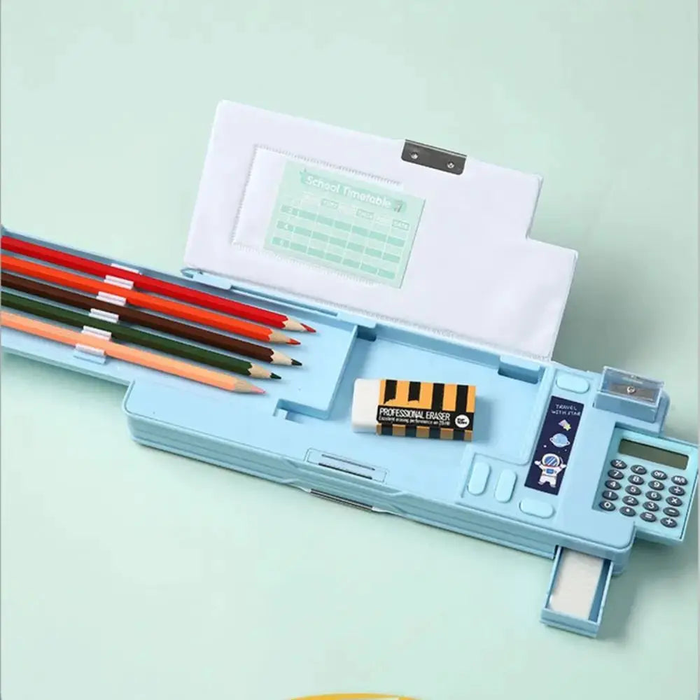 Plastic light-blue pencil case with built-in calculator and pencil sharpener; double-sided design.