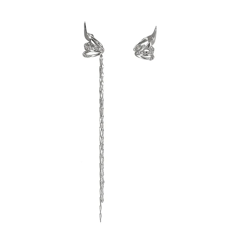 Elf ear clip earrings with long silver chain tassels, pair by Simples Market