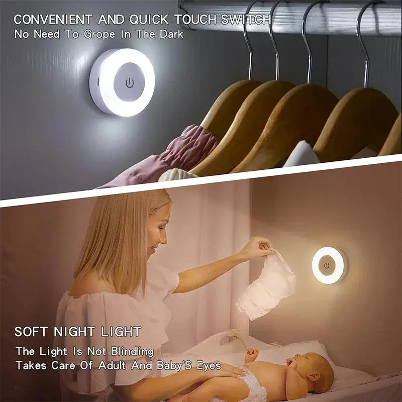 Simples Market round white LED night light, wall-mounted, touch sensor, 3-color dimmable USB rechargeable