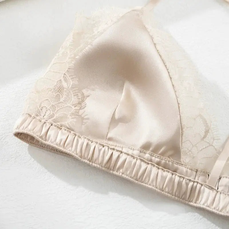Birdtree lace bralette by Simples Market, nude silk-spandex triangle cups, wireless front-closure