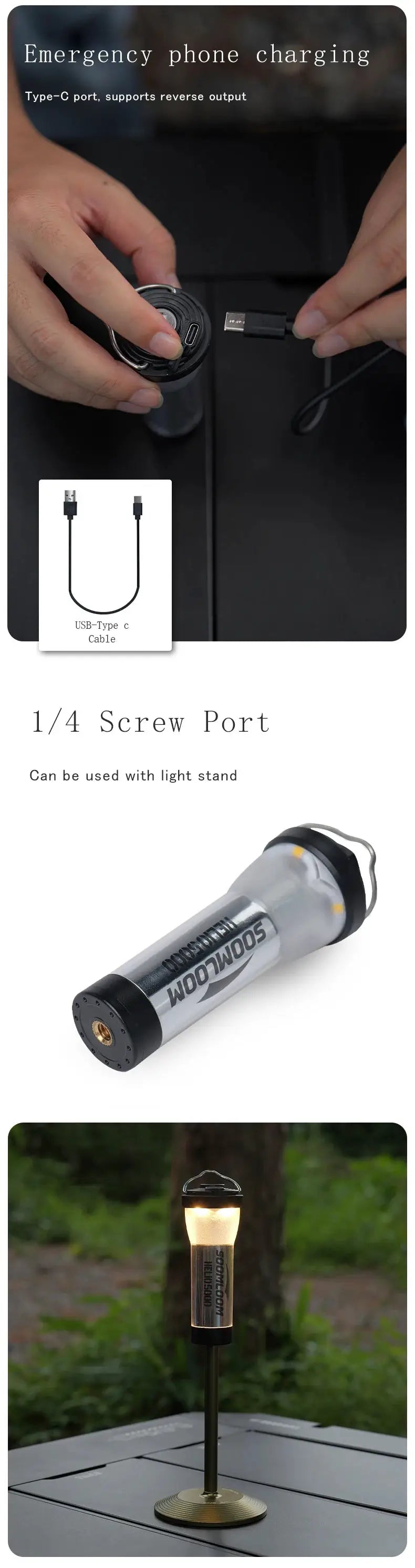 Soomloom Helio 5000 camping lantern by Simples Market with USB-C charging and 1/4 screw port on a stand