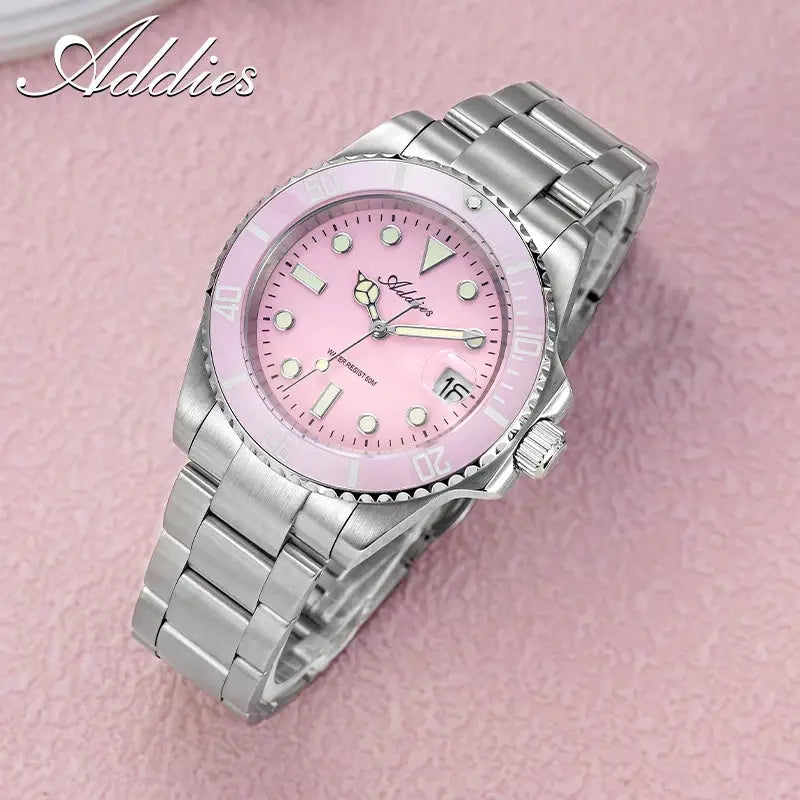 Addies women's pink dial steel watch with pink ceramic bezel, luminous markers, date window, 50m waterproof
