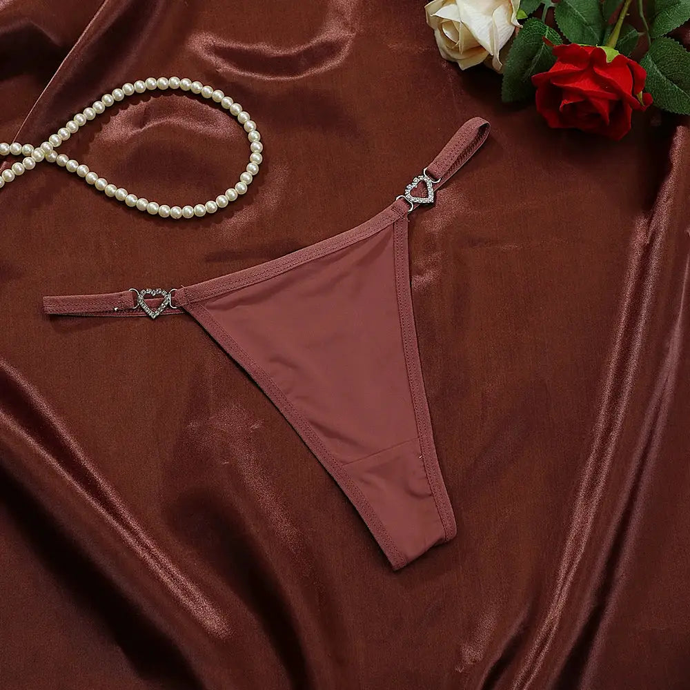 Simples Market women's cotton thong, burgundy low-rise G-string with heart decoration