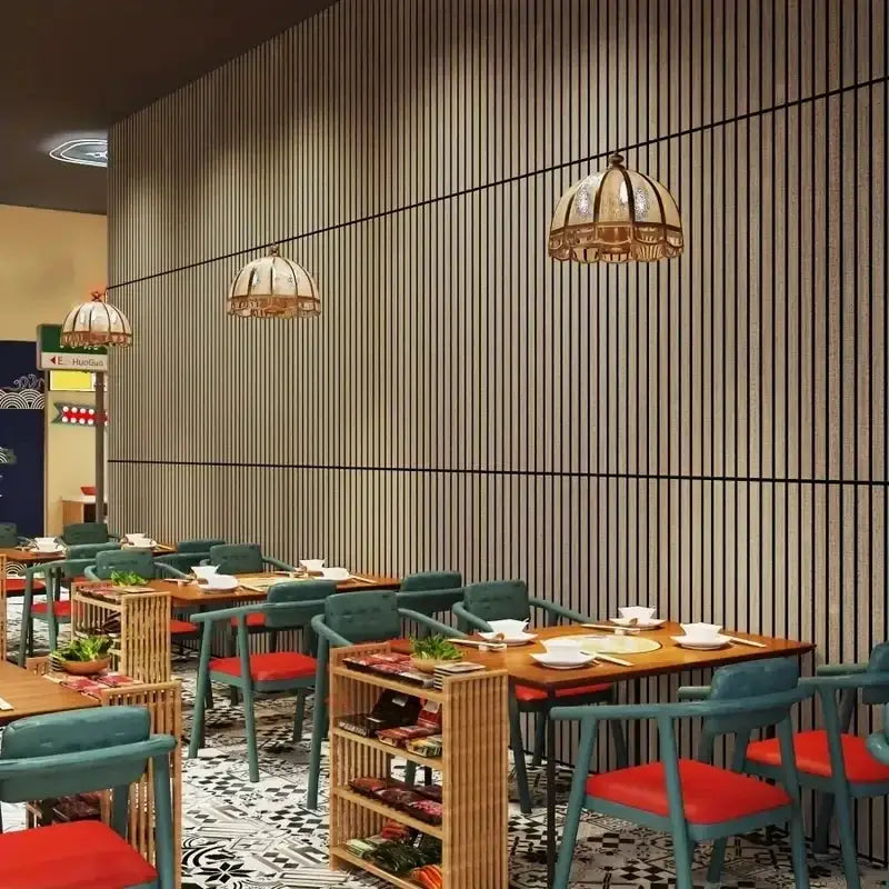 Self-adhesive wallpaper by Simples Market; extra thick 3D retro wood grain on dining room wall