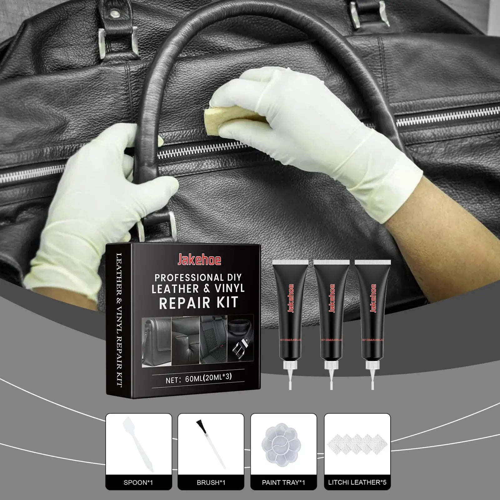 Leather and vinyl repair kit by Jakehoe for car interiors, bags, and furniture; includes tubes and tools.