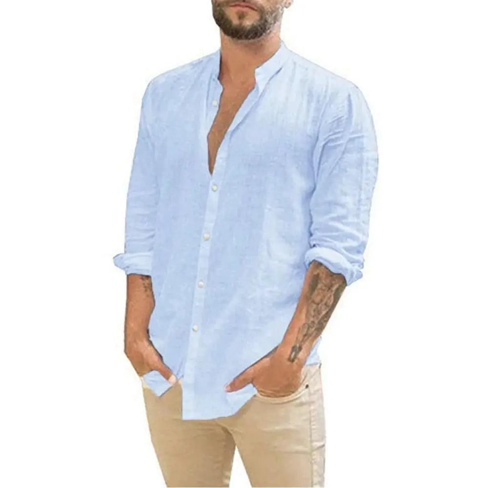 Cotton-linen men's long-sleeve shirt in light blue with stand-up collar