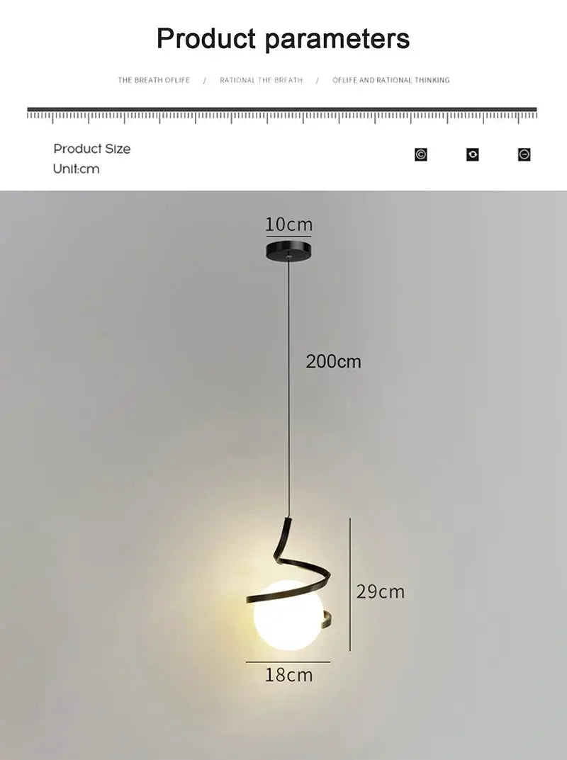 Nordic LED pendant light by Simples Market; black curved metal spiral with white glass globe, 18 cm dia, 200 cm cable