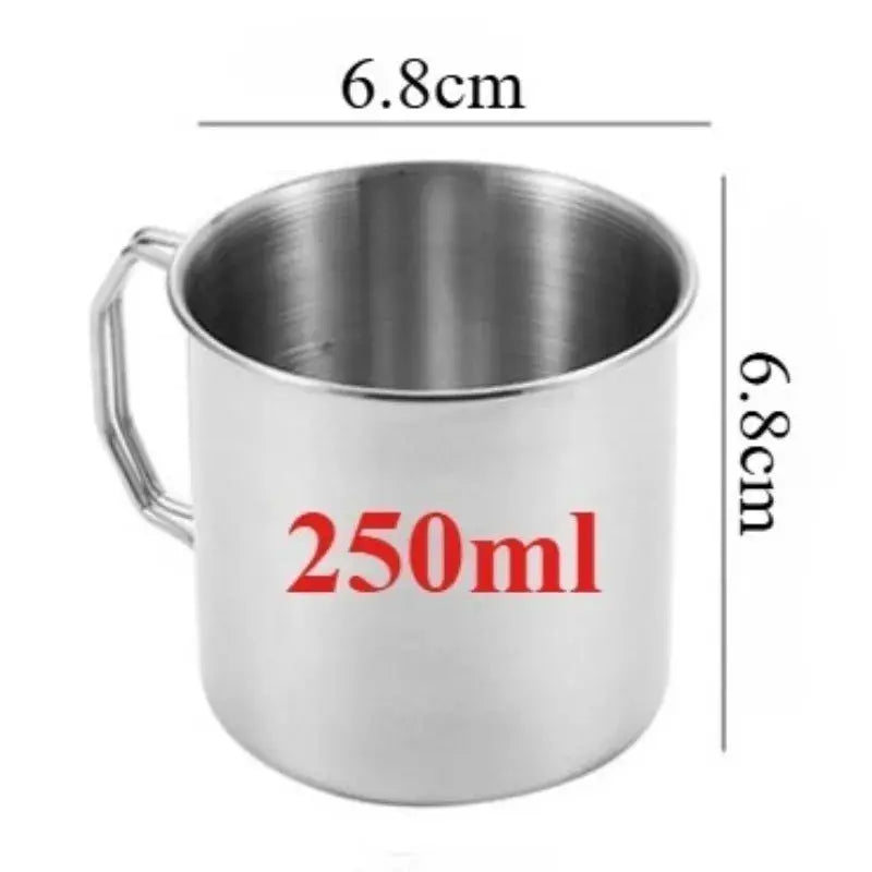 Stainless steel camping cup 250ml with foldable handle for outdoor use