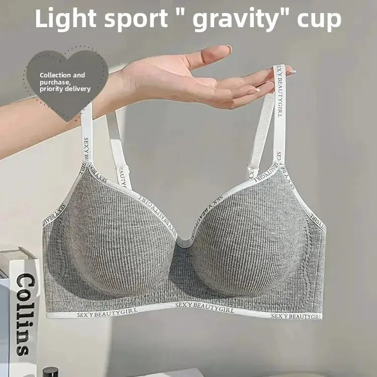 Gray seamless wireless push-up bra with ribbed cups, adjustable white straps and SexyBeautyGirl band
