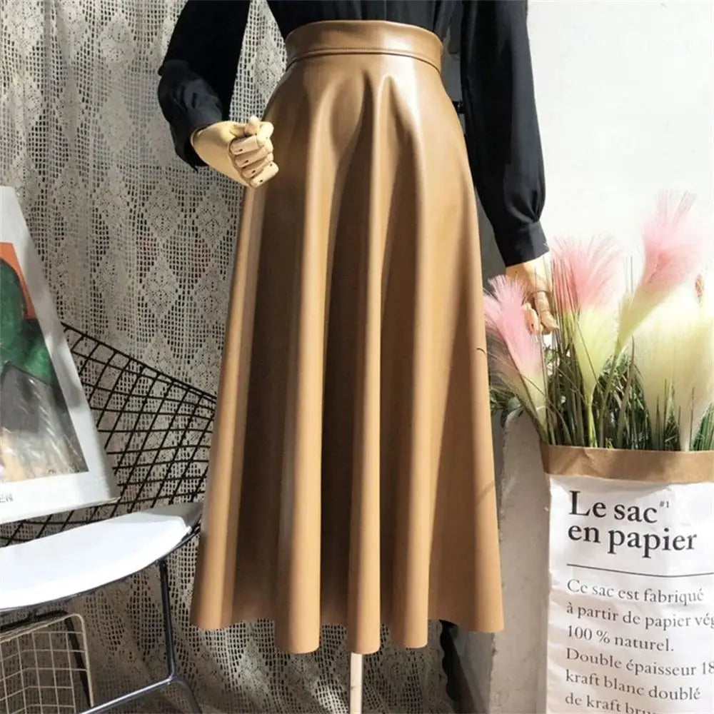 PU leather midi skirt, tan brown, high-waist A-line flare for office and casual wear