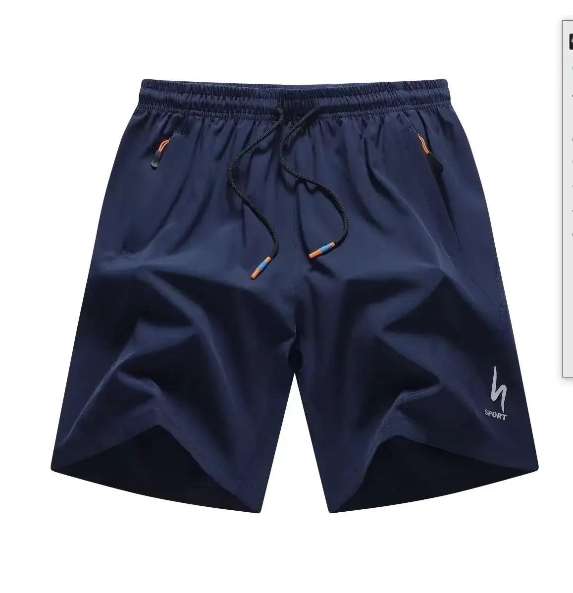 Men's navy blue summer sports shorts with elastic waist, drawstring and side pockets, SPORT logo.