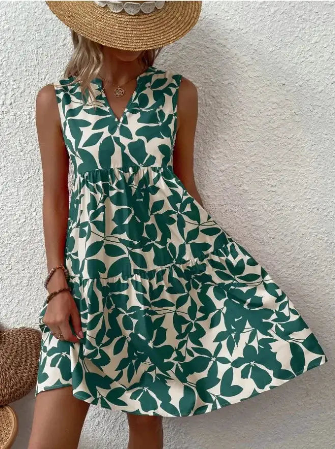 Women Boho Print Mini Dress Sleeveless V Neck Ruffle Beach Sundress