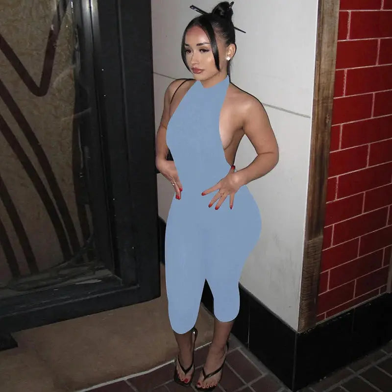 Women's blue ribbed halter-backless bodycon jumpsuit, solid color, mid-calf length