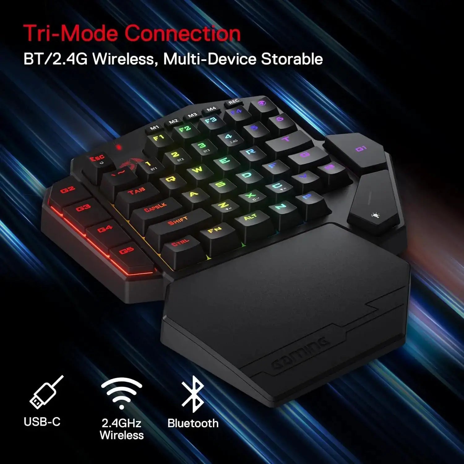 Redragon K585 PRO wireless one-handed mechanical keyboard with RGB backlit keys and detachable wrist rest