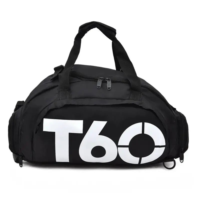 Black gym bag duffel, waterproof fabric with large white T60 graphic and dual top handles