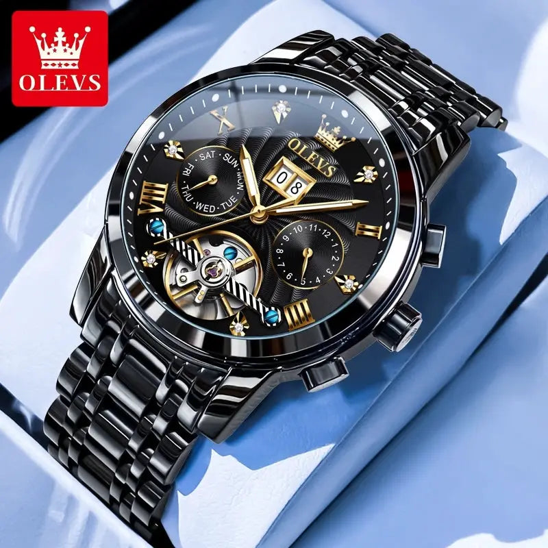 OLEVS 9910 Mens Watch Waterproof Luminous Automatic Mechanical Dual Calendar Date Stainless Steel Band