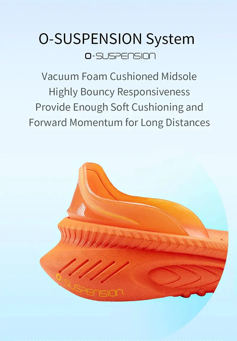 ONEMIX running shoes orange with cushioned outsole and O-Suspension branding