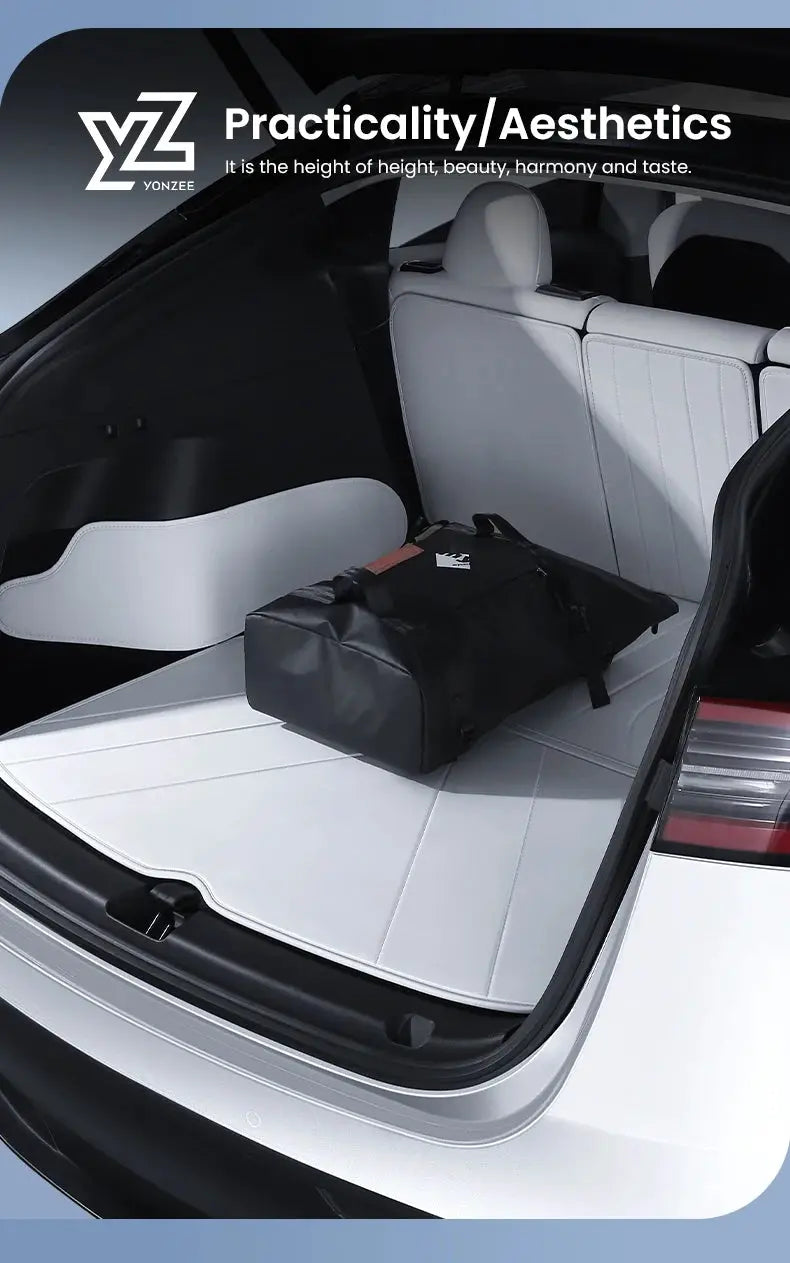 YZ Yonzee leather trunk mat for Tesla Model Y (2021–2026); white waterproof, fully surrounded, non-slip liner.