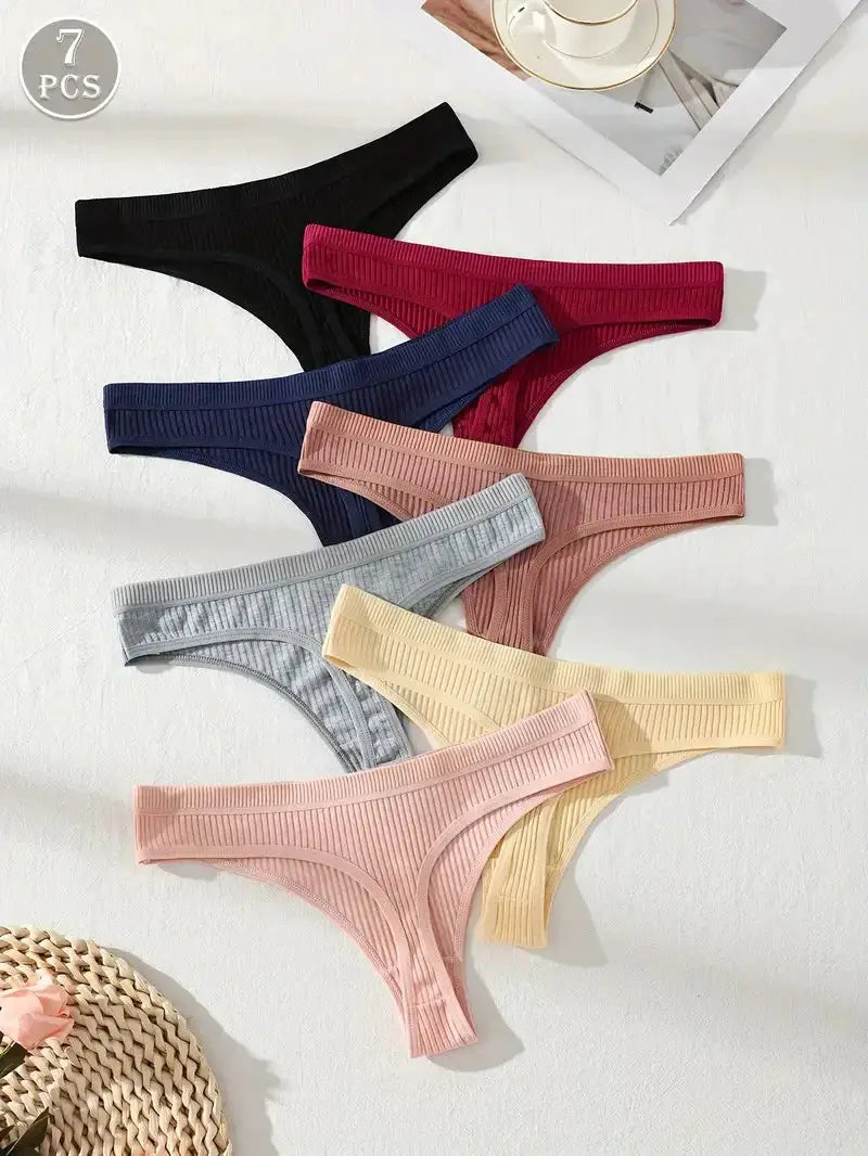 7Pcs Simples Market women's cotton thong underwear set in assorted colors with ribbed striped waistband
