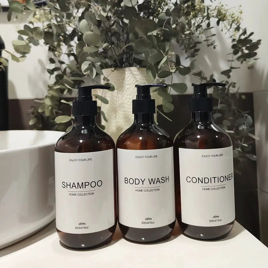 Simples Market 3-pack amber pump dispenser bottles for shampoo, body wash and conditioner, 500ml each.