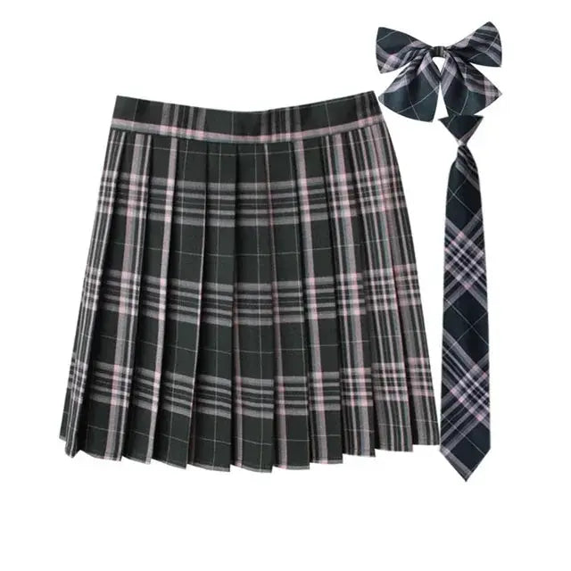 Women plaid pleated JK uniform skirt with 2-piece necktie and bowtie set, Simples Market, black plaid with pink lines.