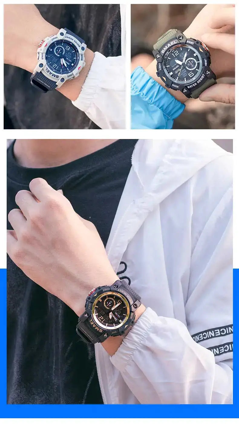 SMAEL sport watches collage: 3 men's military-style wristwatches in blue/white, black, and gold accents