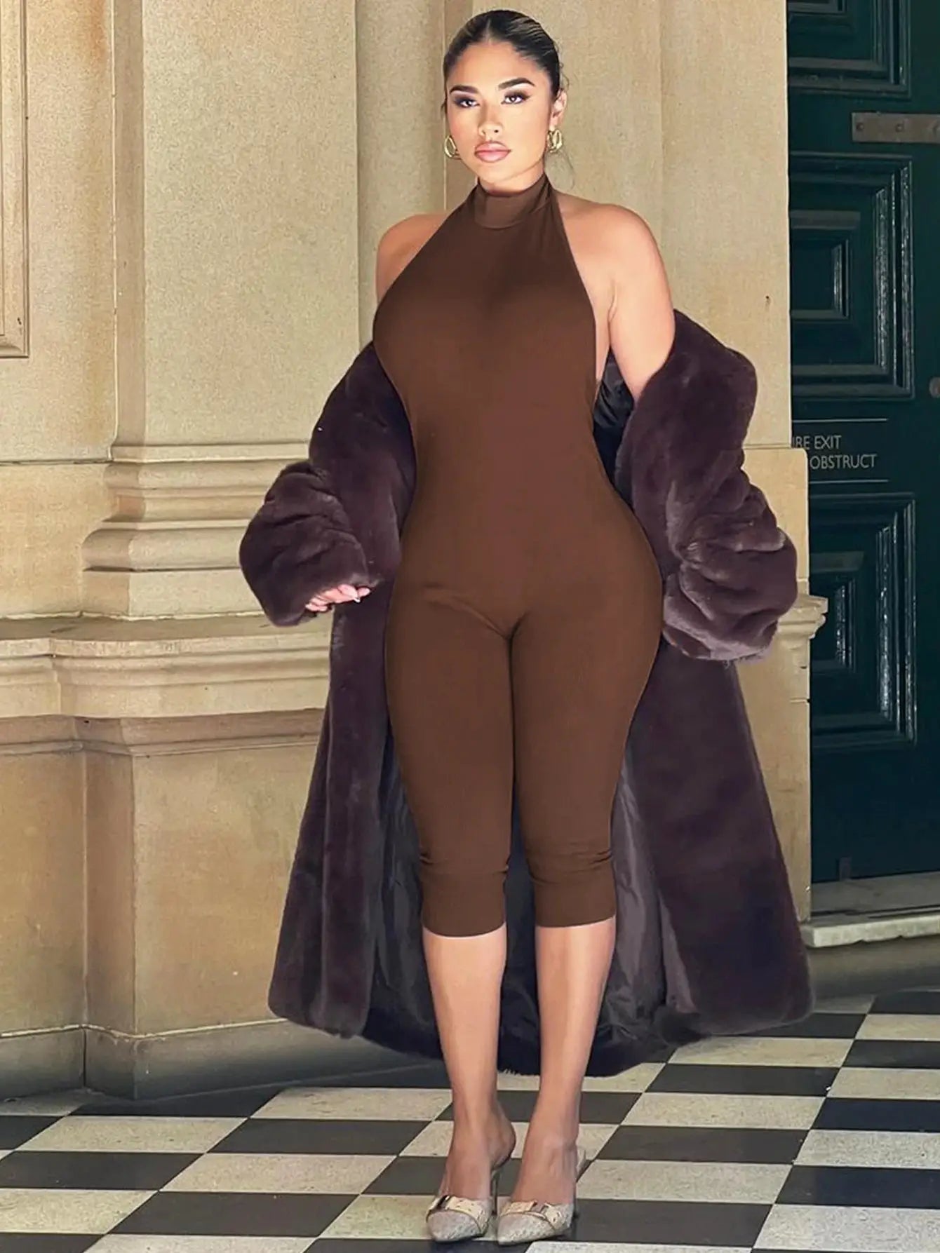 Hugcitar ribbed halter backless brown jumpsuit; bodycon style by Simples Market