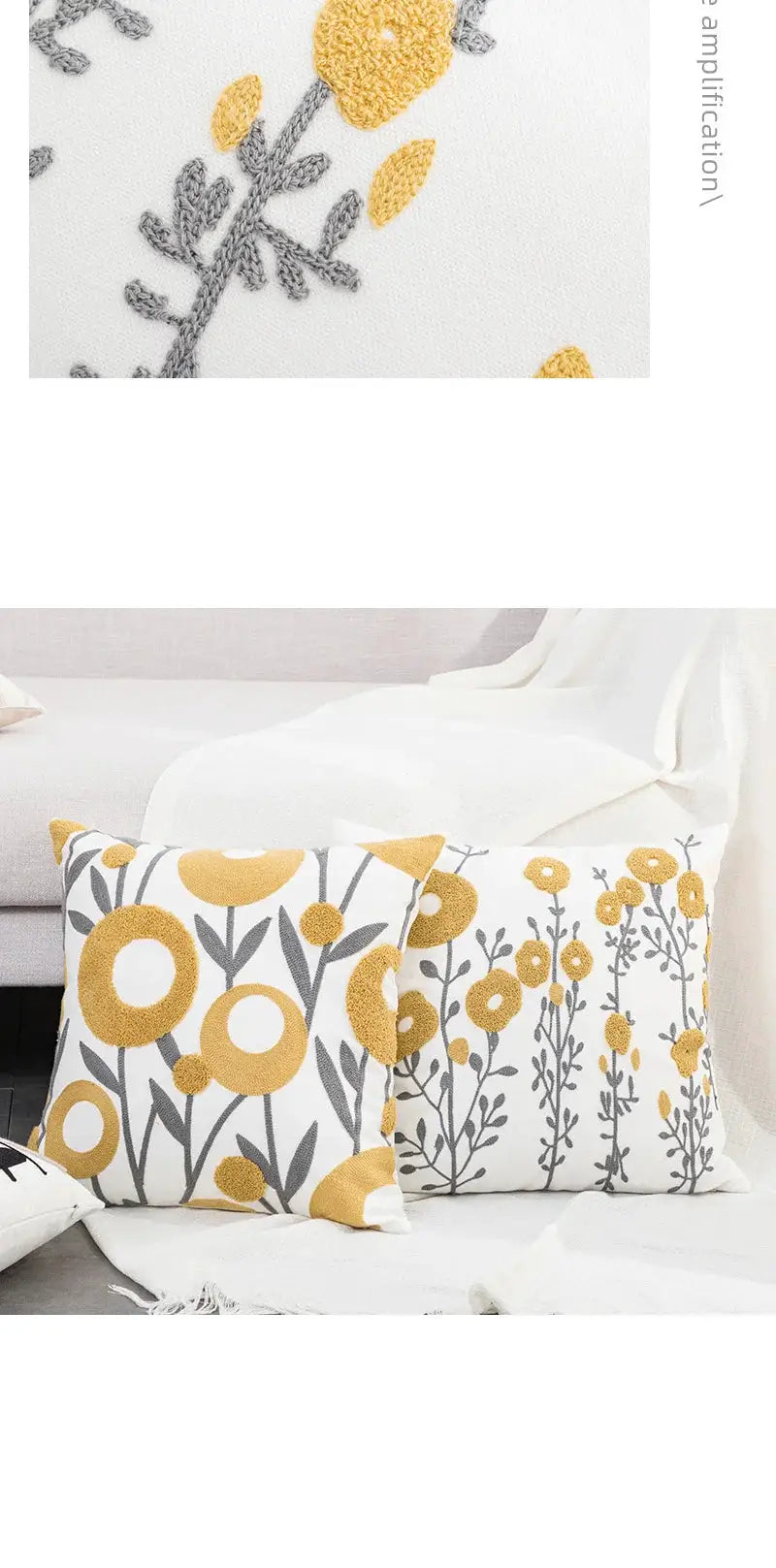 2-pc boho floral tufted cotton pillow covers by Simples Market; white with yellow and gray embroidered flowers